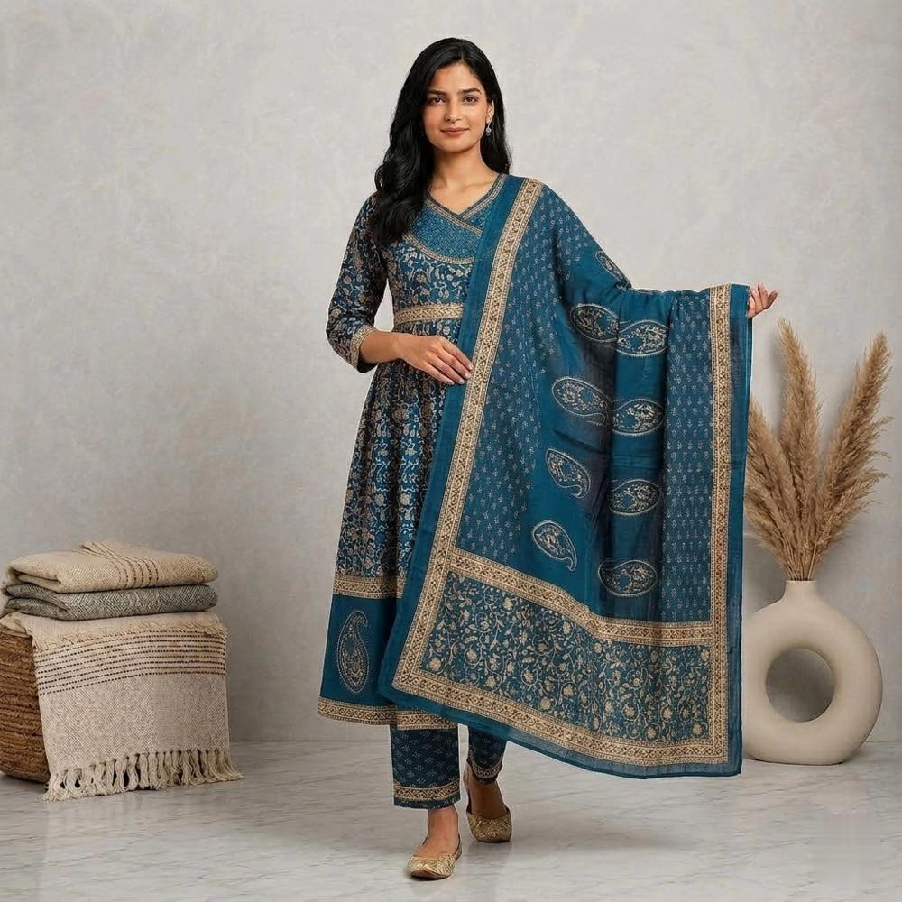 Cotton Kurti Pant Dupatta Set with Hand Work