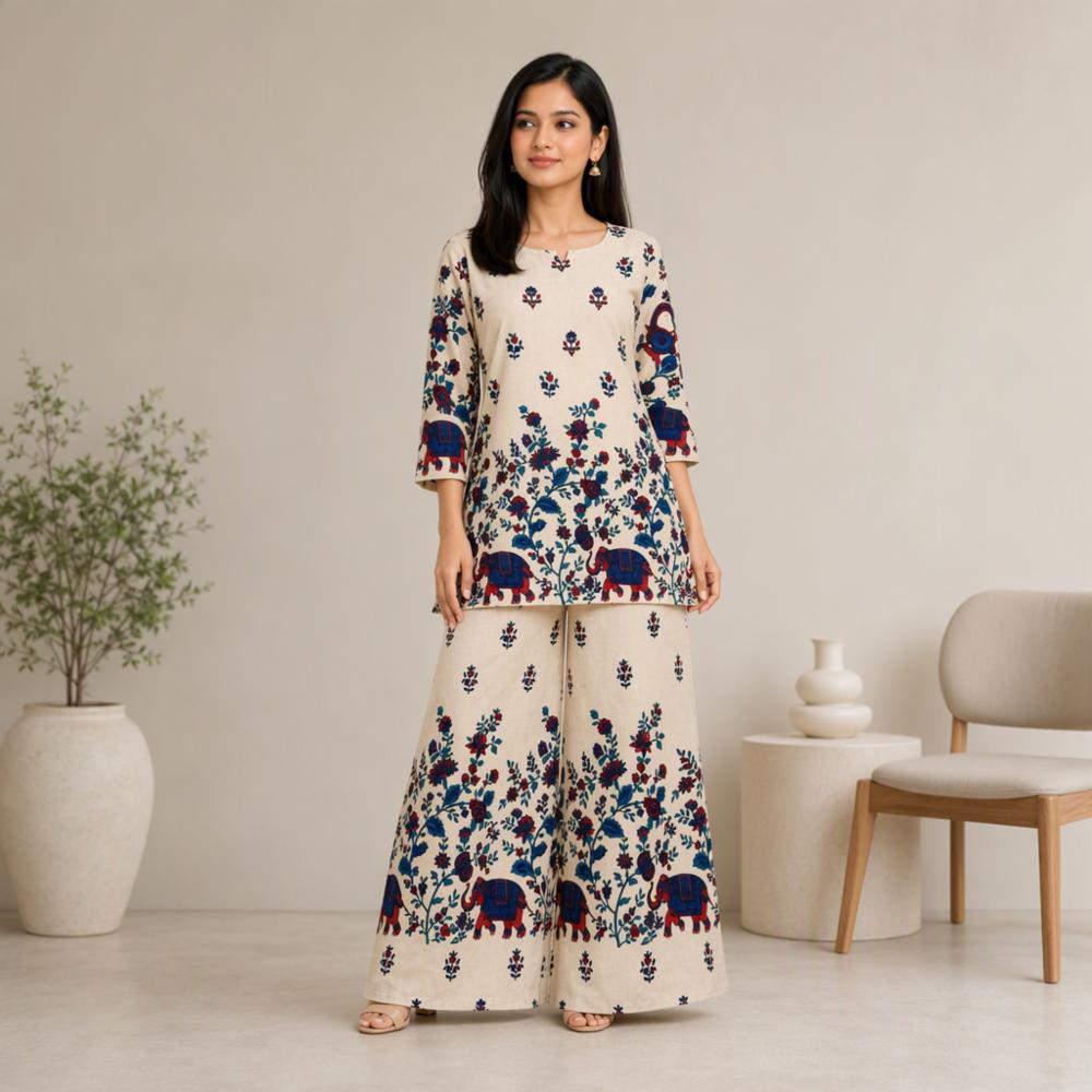 Womenâs Khadi Cotton Printed Kurta Palazzo Co-Ord Set | Floral & Elephant Print