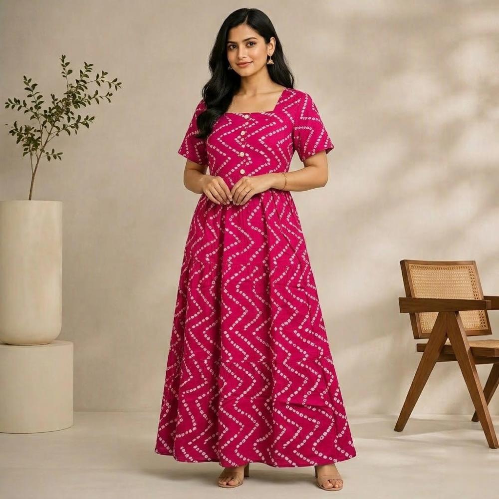 Cotton Printed Midi Dress with Square Neck and Front Buttons