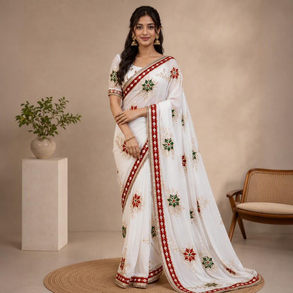 Royal Georgette Fabric Saree with Kaccha Gota Patti Work and Matching Blouse