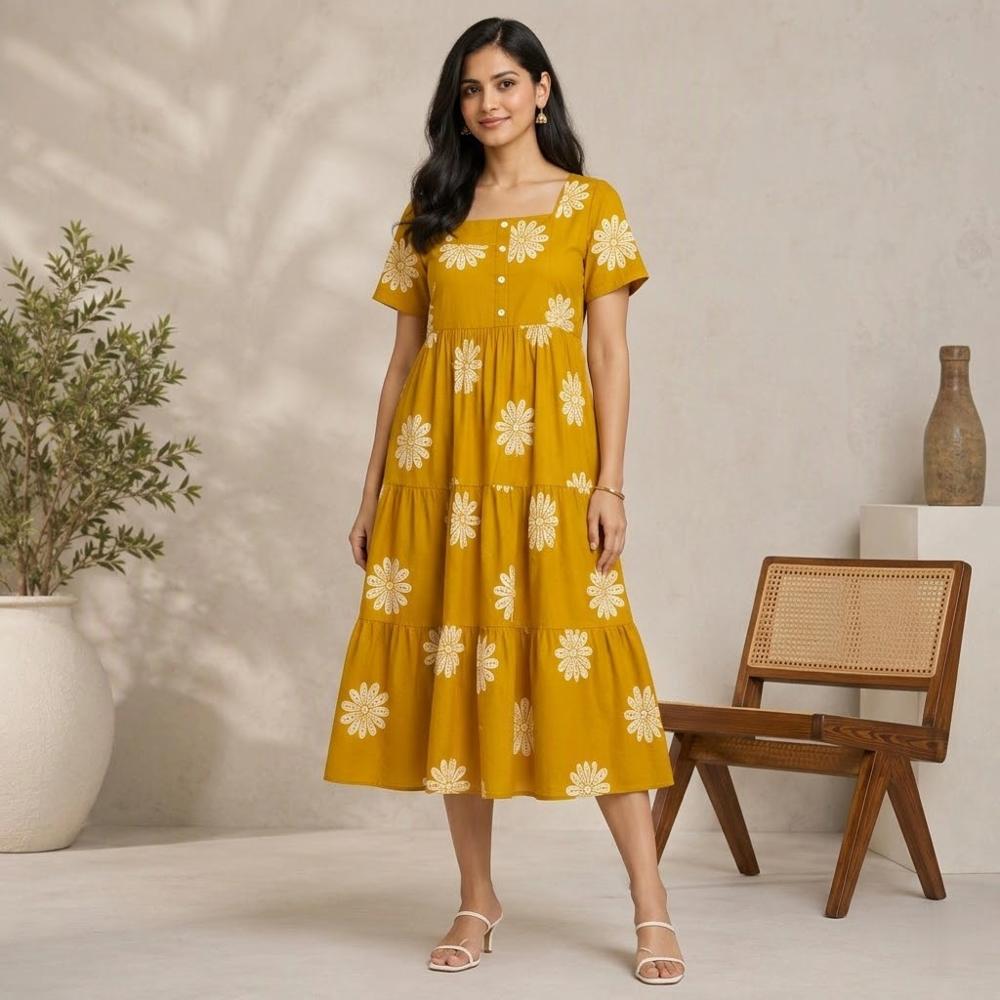 Cotton Full Printed Midi Dress with Square Neck and Front Buttons 