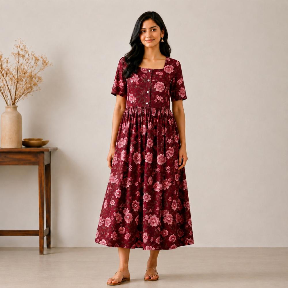 Full Printed Cotton Middi Dress, Square Neck, Button Front