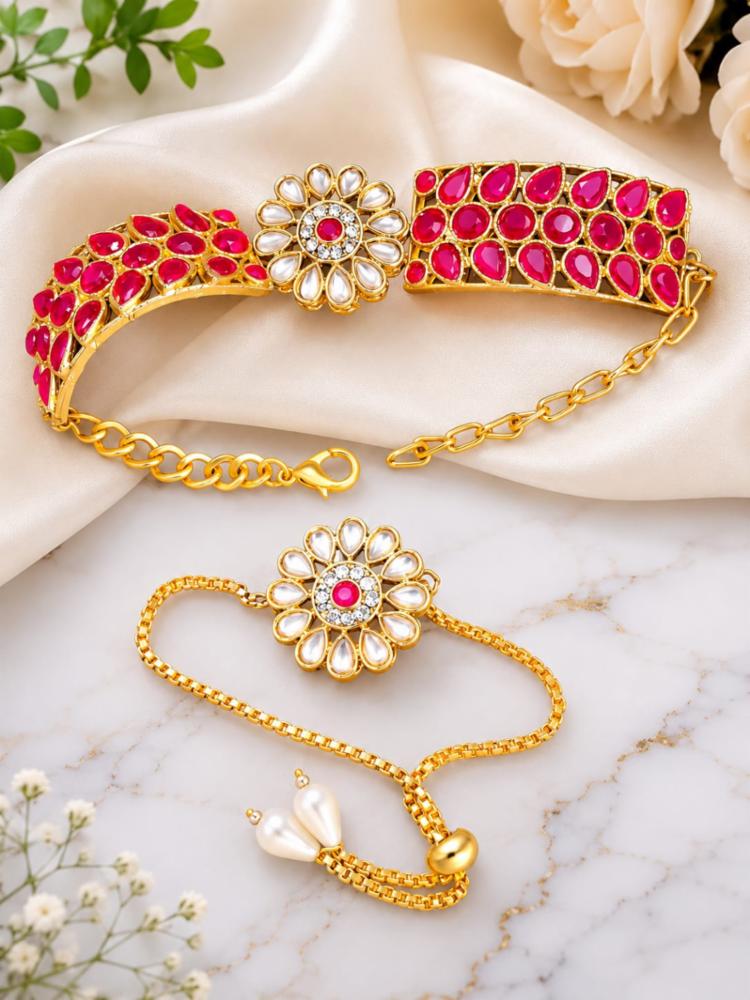 Women Gold Plated Pink Stone & Pearl Bracelet Hand Harness Jewellery Set