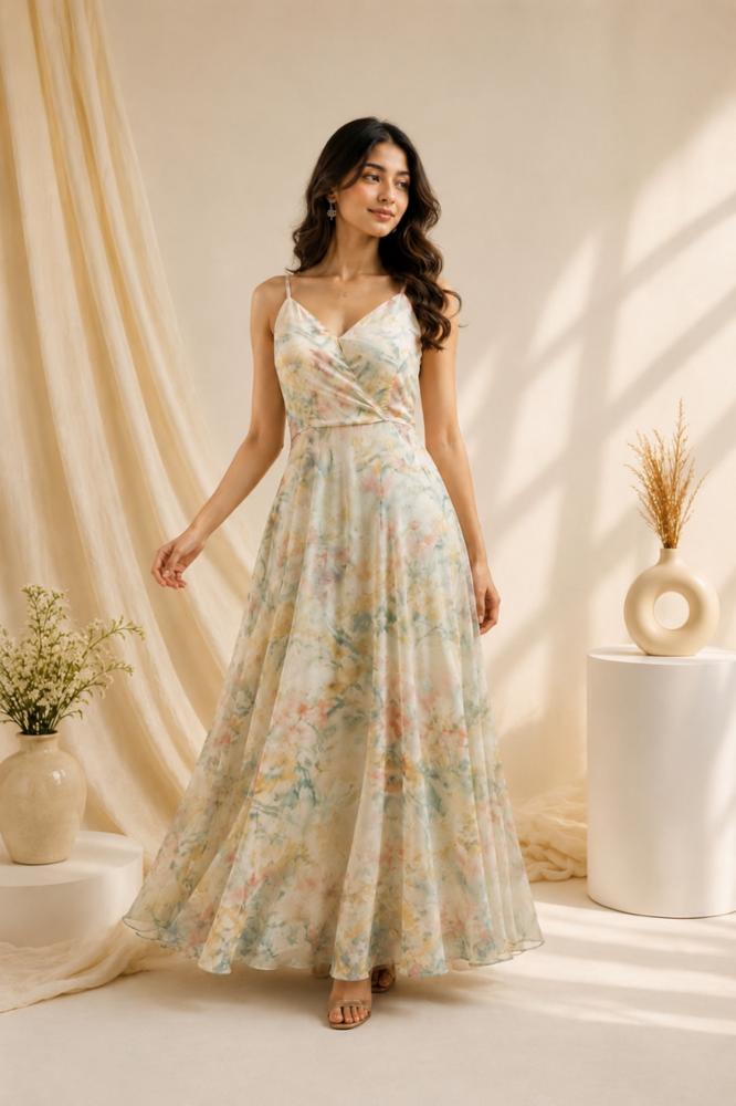 Vedaanti Spaghetti Dress | Pastel Floral Print | V-Neck A-Line Maxi Dress