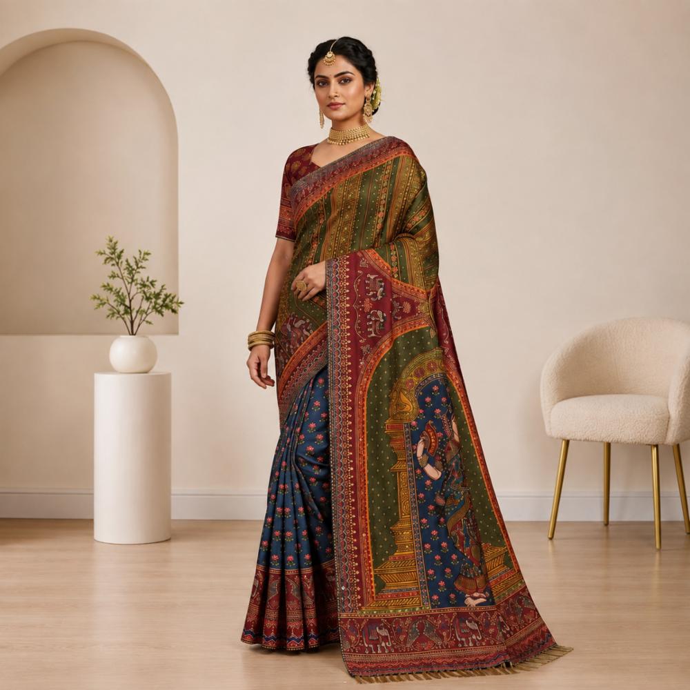 Japan Sartin Digital Print Mirror Work Saree with Real Mirror and Moti Tassels