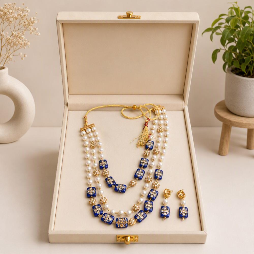 Traditional Blue Beaded Pearl Necklace Set with Gold Tone Accents