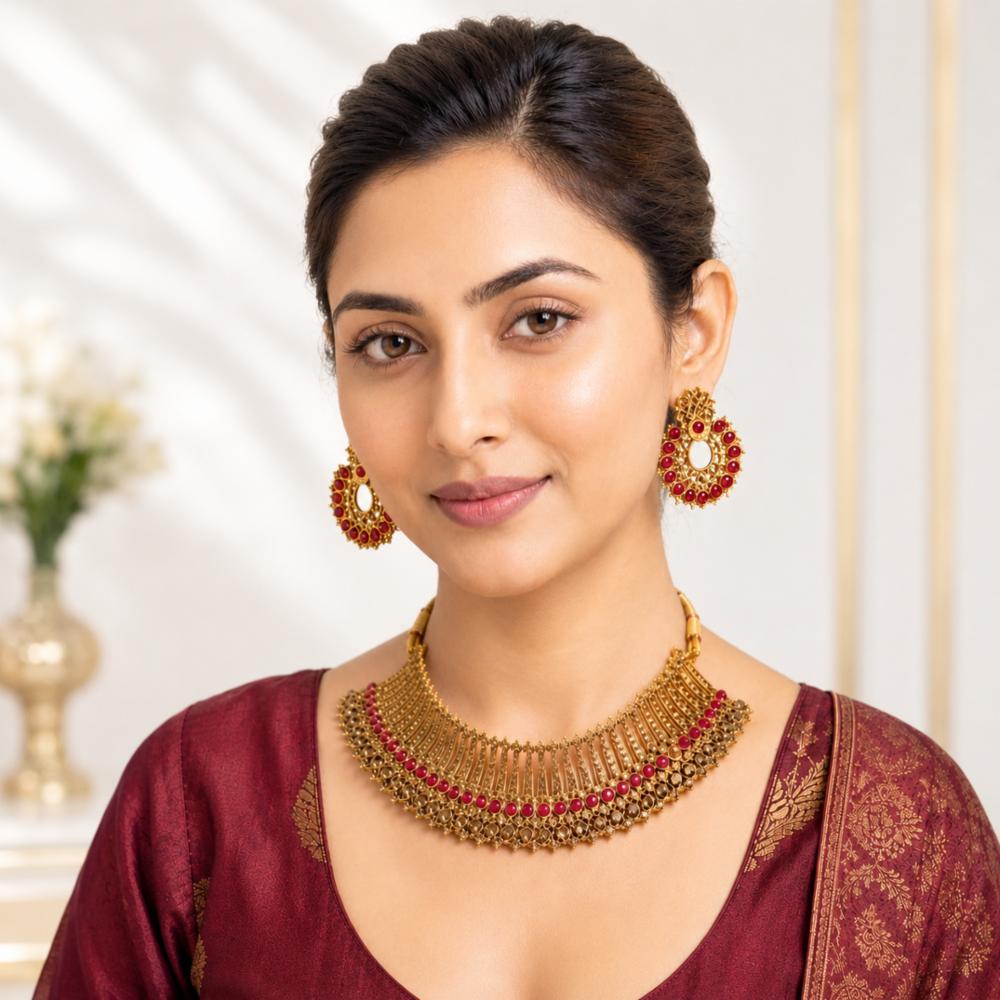 RITANA Gold Plated Stone and Pearl Necklace Earring Set for Women and Girls