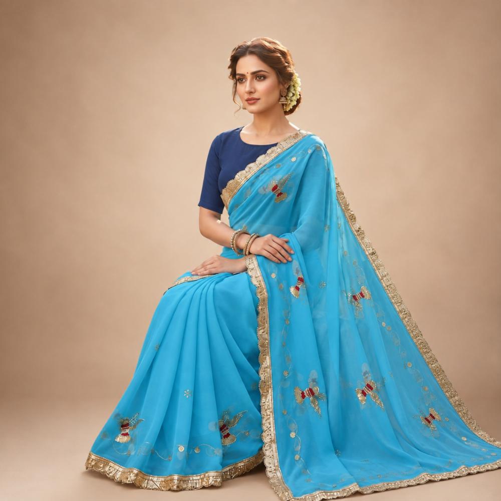 Embroidered Georgette Saree with Satin Blouse Piece