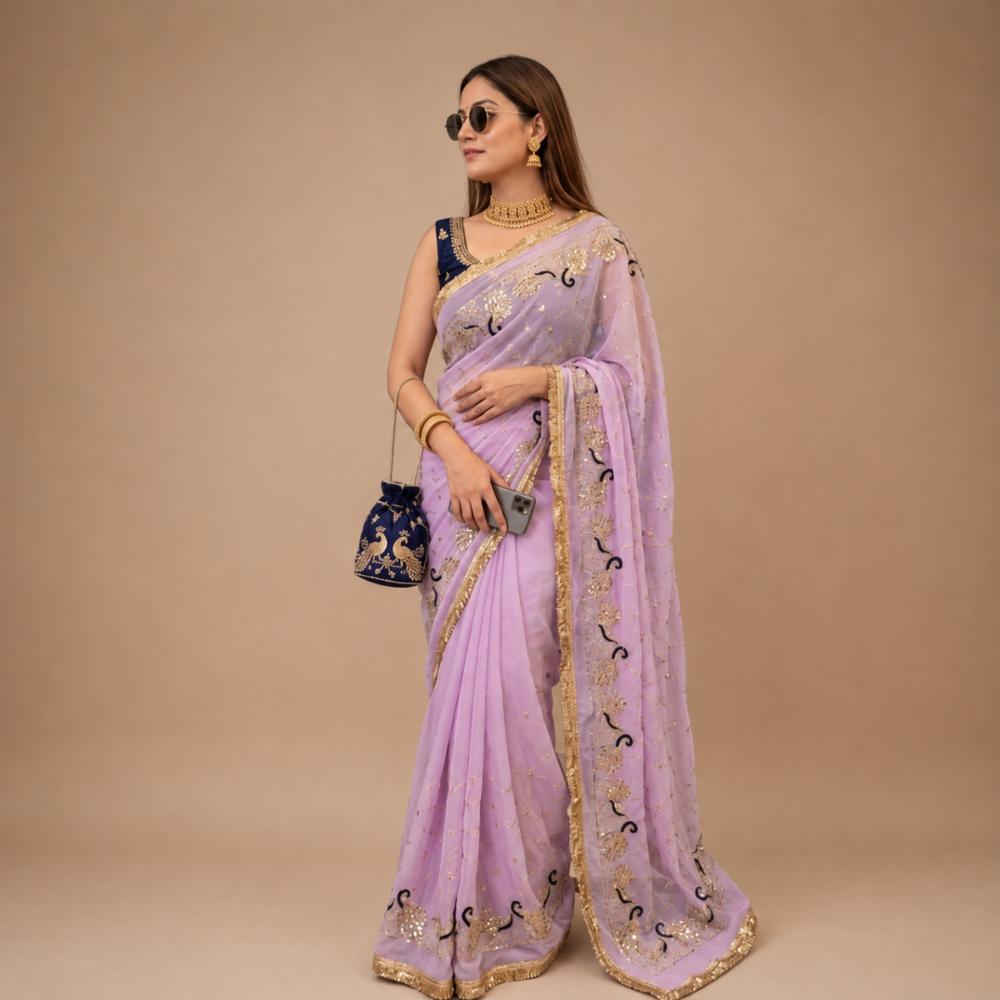 Georgette Embroidered Sequined Saree with Unstitched Satin Blouse