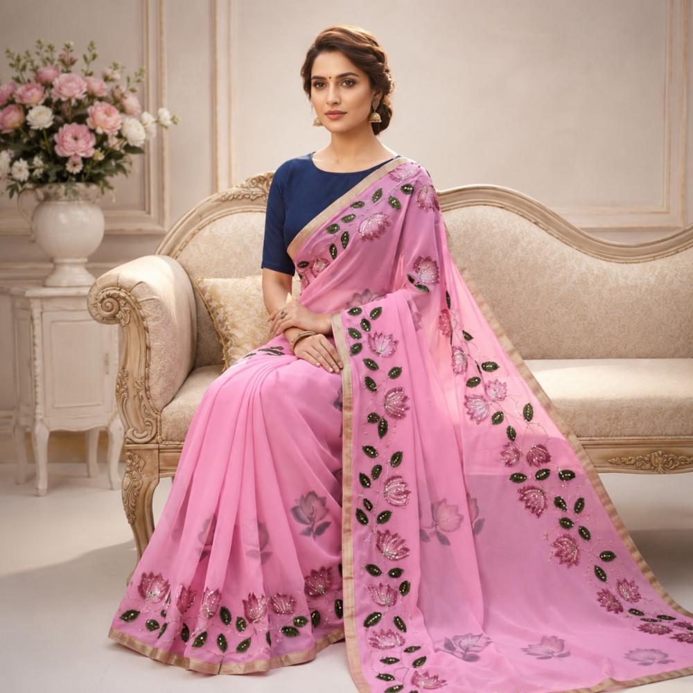 Georgette Saree with Embroidery and Hand Print