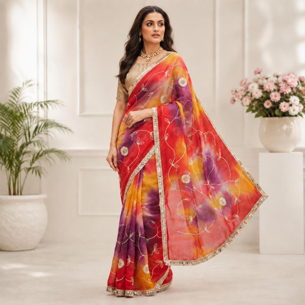 Georgette Saree with Heavy Golden Thread Embroidery and Blouse Piece