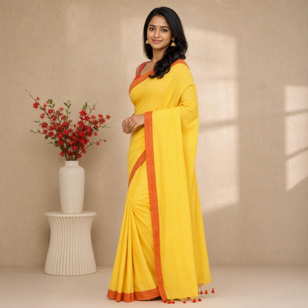 Handloom Khadi Cotton Saree Plain Tham for Women with Running Blouse