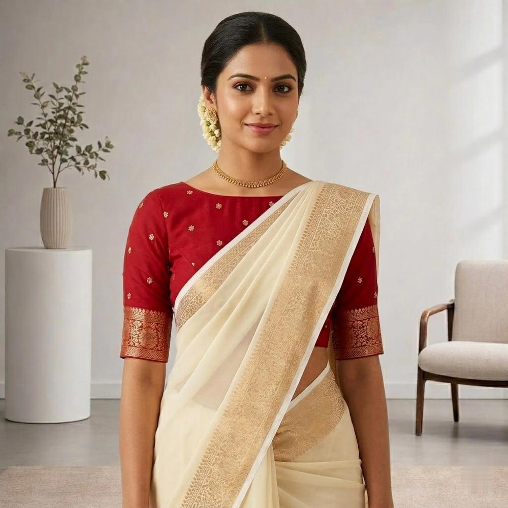 Off-white Chiffon Saree with Maroon Butti Beads Blouse 
