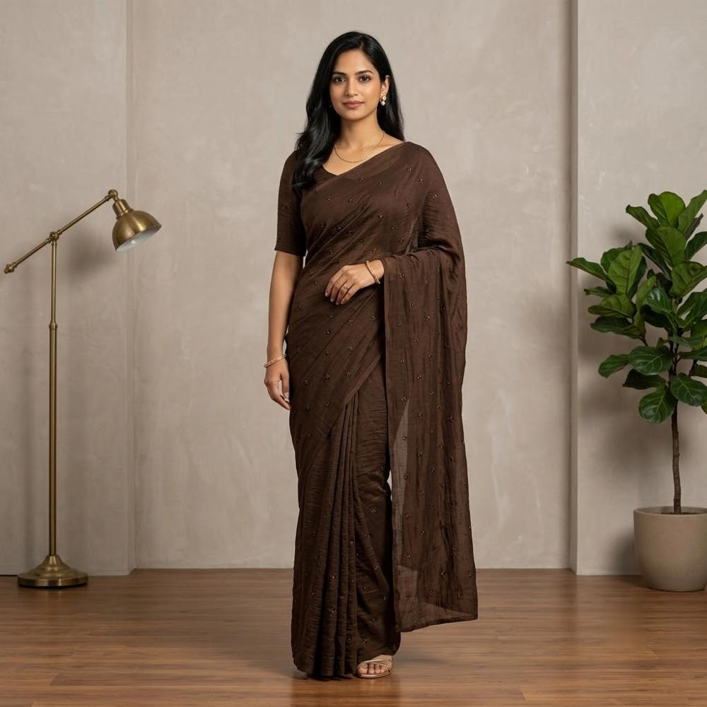 Partywear Coffee Crush Beads Butti Saree with Running Blouse