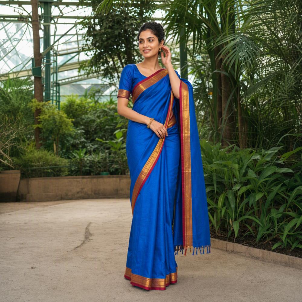 Jijamata Silk Royal Blue Maharashtrian Saree with Gold Zari Border