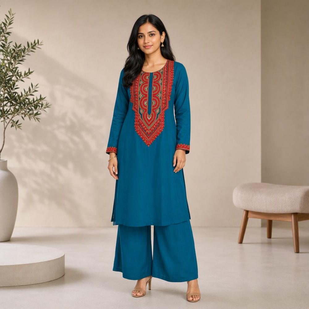 Womenâs French Crepe Suit with Embroidered Work and Pant