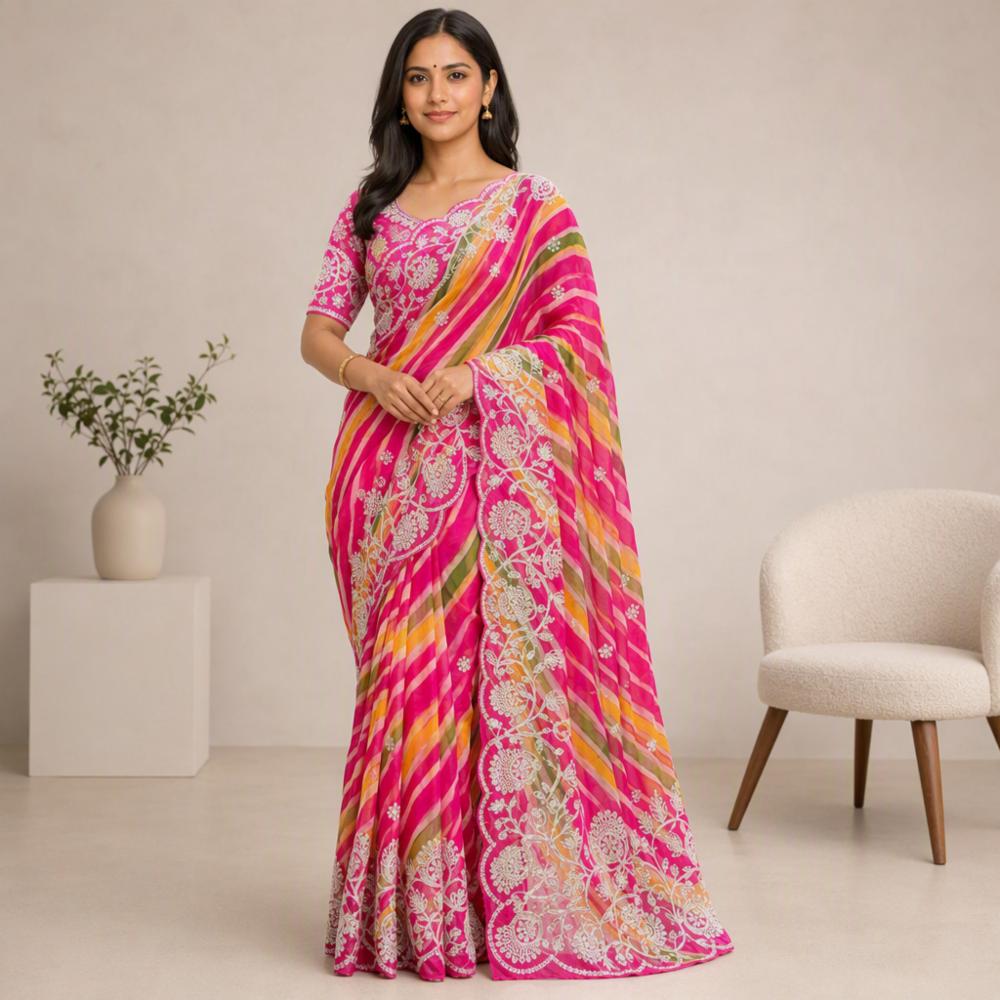 Premium Multicoloured Chiffon Leheriya Saree with Pitta Work
