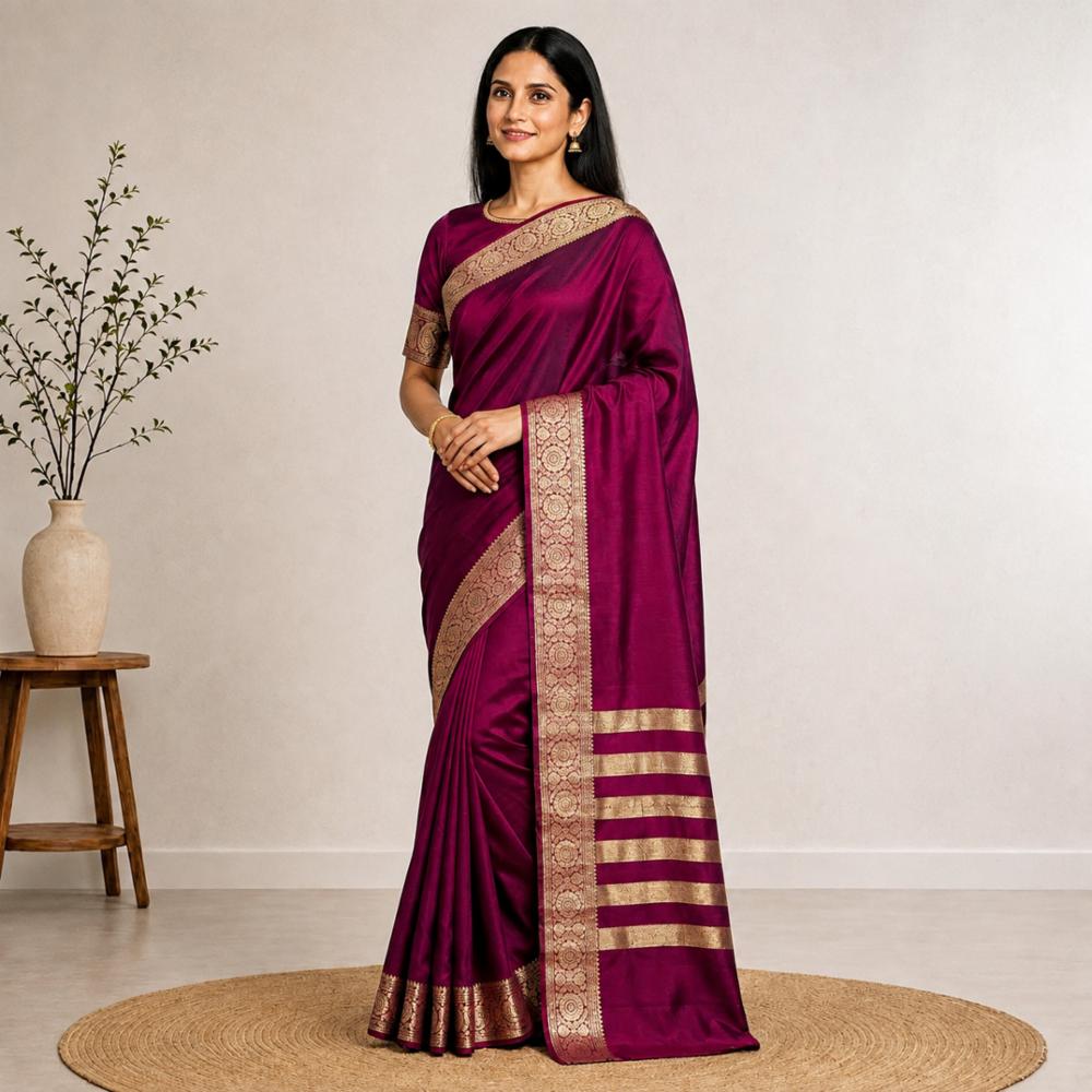 Soft Chinnon Saree with Jacquard Border and Running Blouse