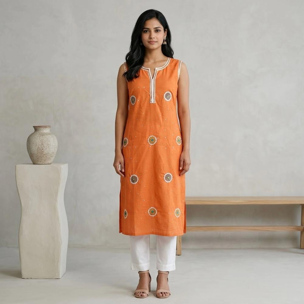 Women Handwork Cotton Sleeveless Straight Kurti