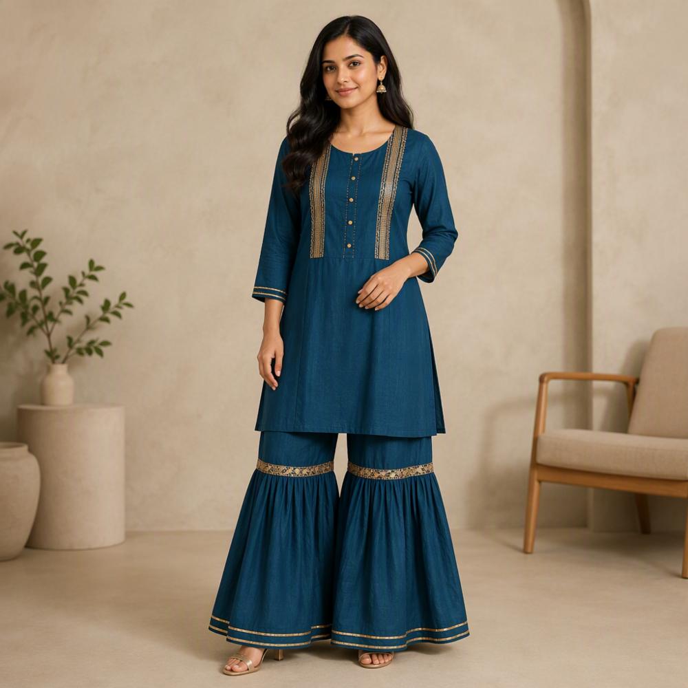 Women Cotton Kurti with Sharara, Hand Work, Short Length