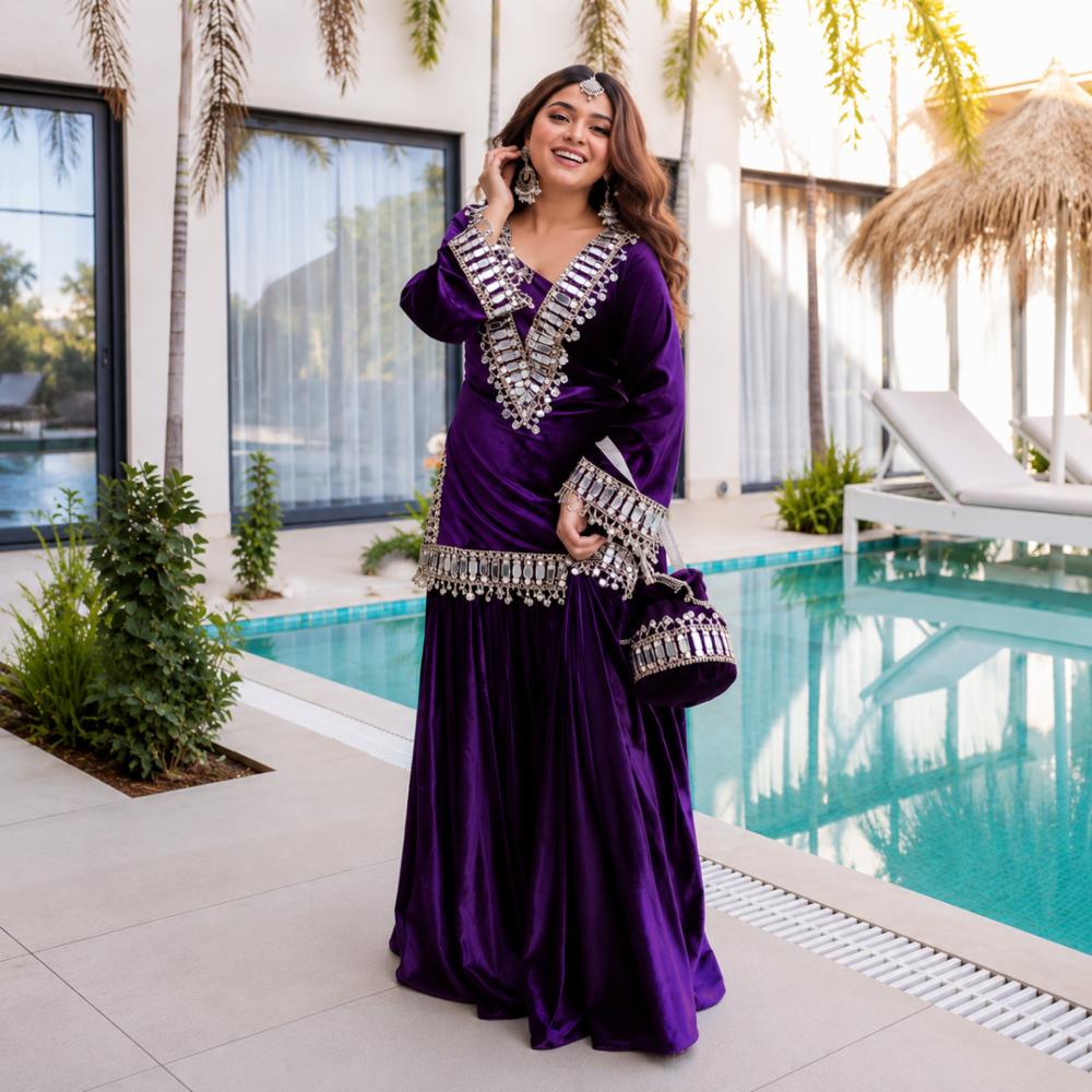 Women Velvet Mirror Work Kurta with Sharara Set