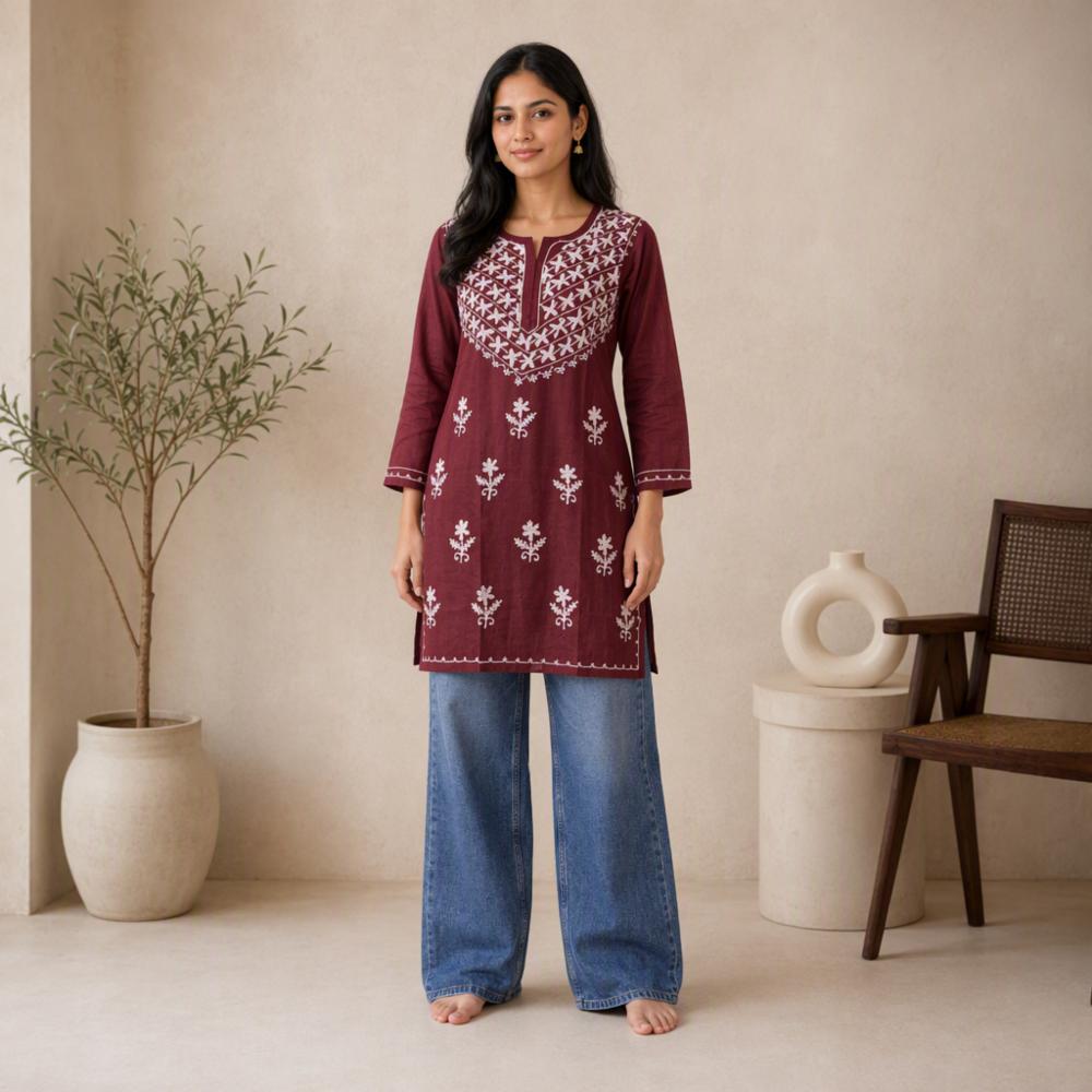 Pure Cotton Embroidery Work Short Kurti