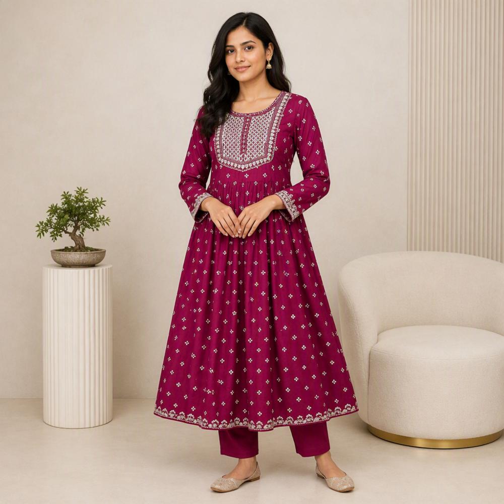 Women Rayon Zari Embroidery Naira Kurta with Pant