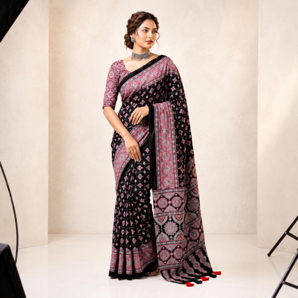 Crepe Satin Silk Saree with Mirror Work and Designer Blouse