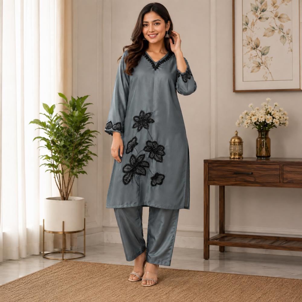 Stitched Cord-set Shirt Cotton Silk with Front Embroidery