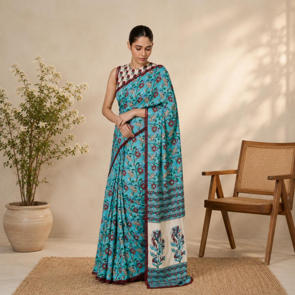 Soft Georgette Saree with Floral Print and Embroidered Border