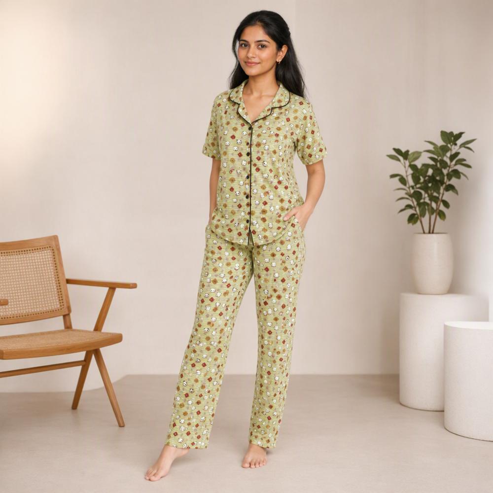 Womenâs Printed Malai Cotton Night Suit Set