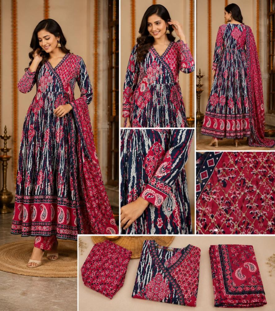 Women's Cotton 60x60 Tie-Dye Anarkali Anarkha Kurta Set with Pant and Dupatta