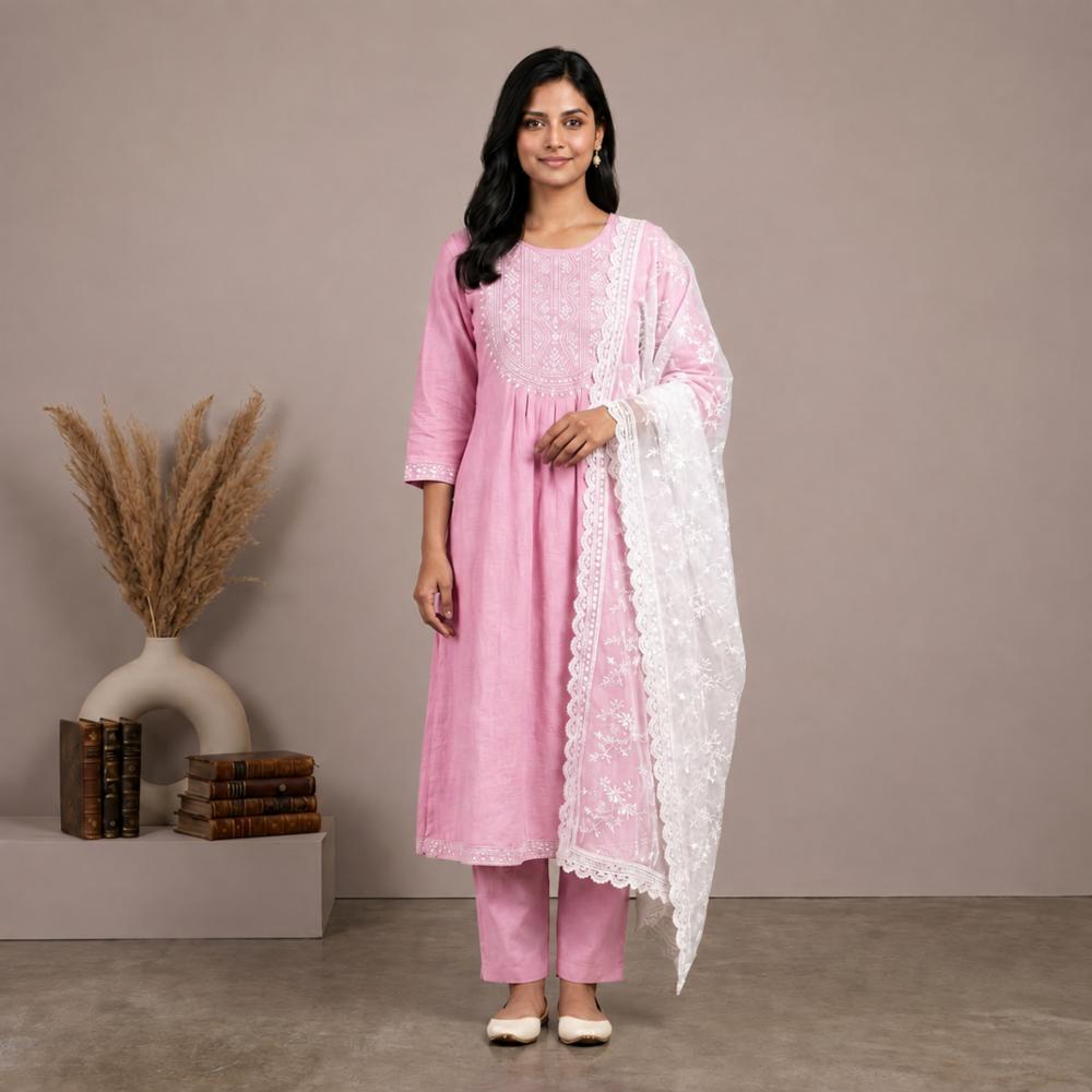 Embroidery Naira Cut Kurta Set with Net Embroidery Dupatta