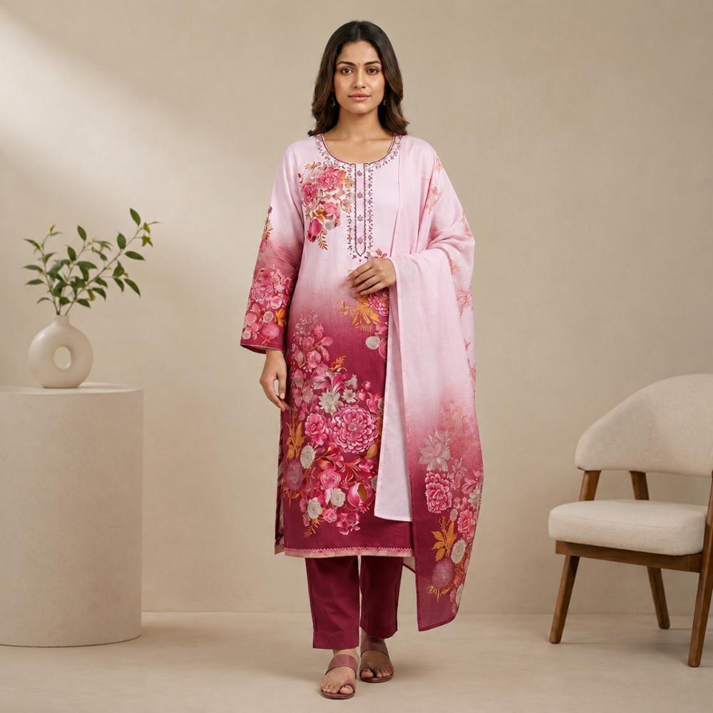 Women Cotton Straight Embroidery Kurta with Pant and Dupatta