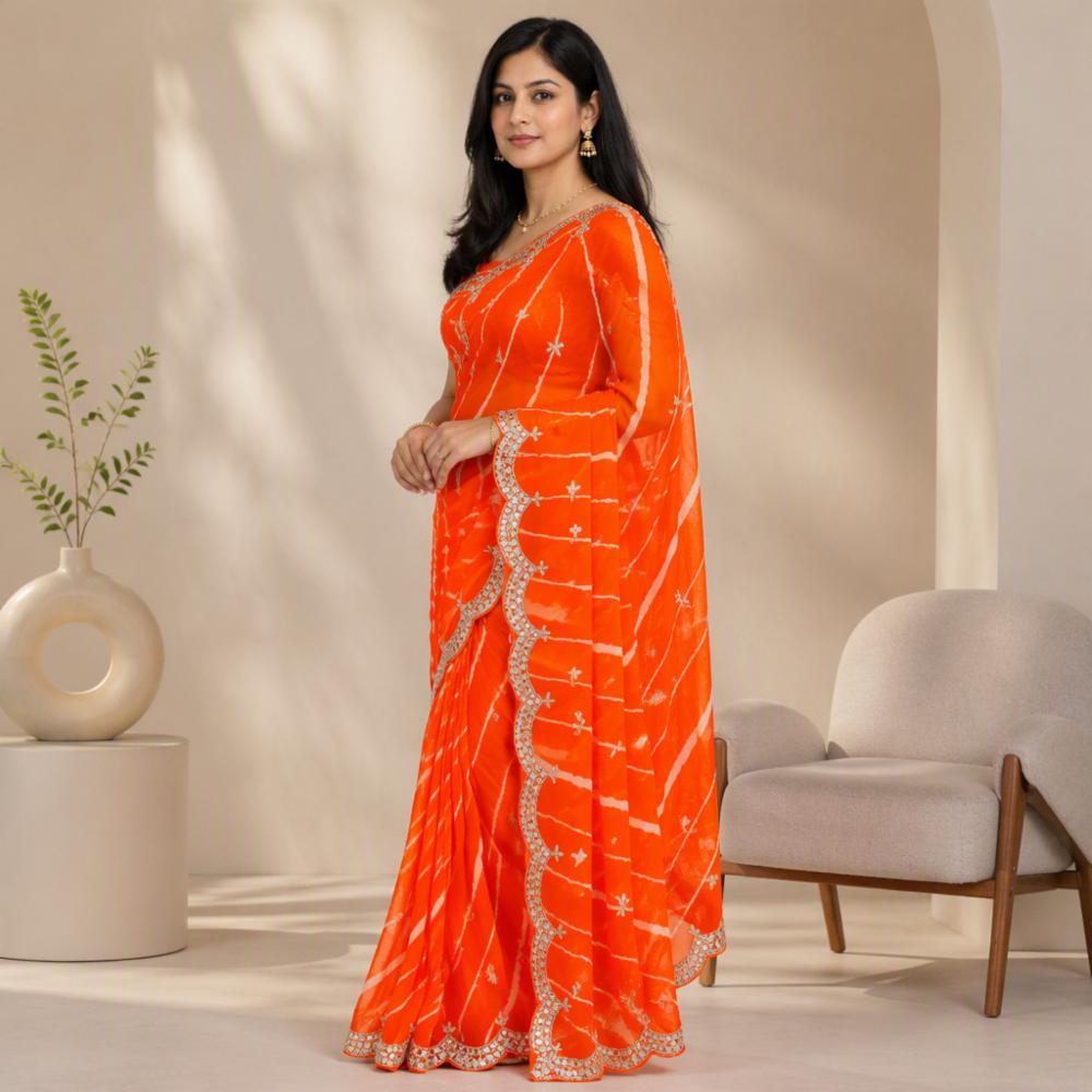 Leheriya Semi Chiffon Katdana Work Saree