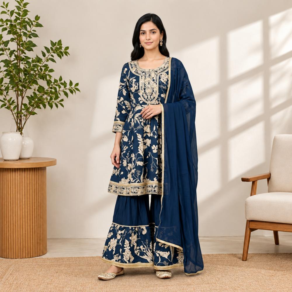 Pure Rayon Cotton Anarkali Sharara Set with Floral Print & Chiffon Dupatta