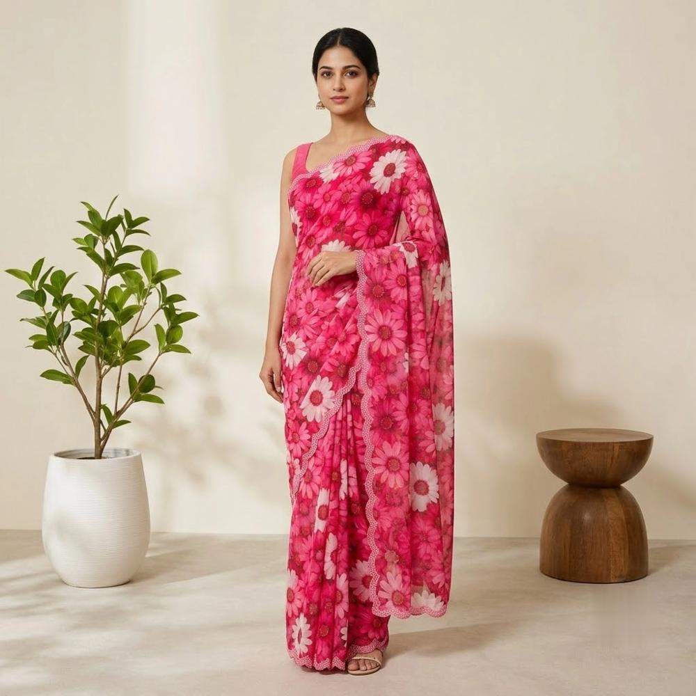Pure Georgette Pink Floral Print Saree with Cutwork Work