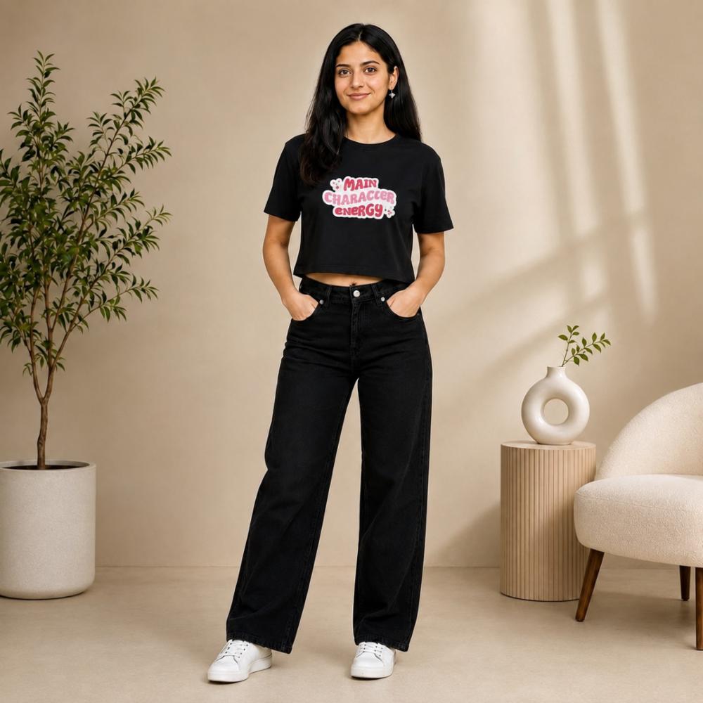 Black Cotton Lycra Crop Top with Retro Graphic Print for Women