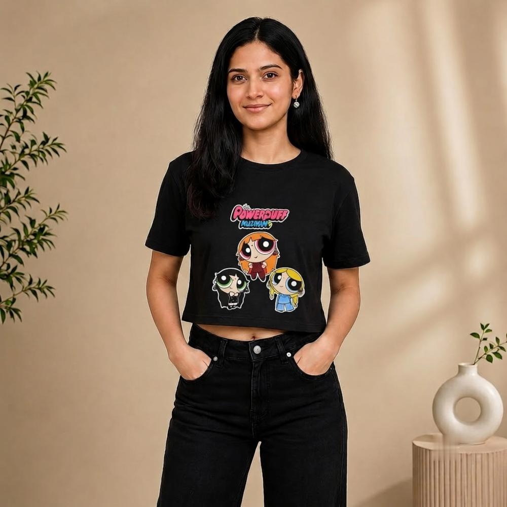 Black Cotton Lycra Power Puff Kudiyan Print Crop Top For Women