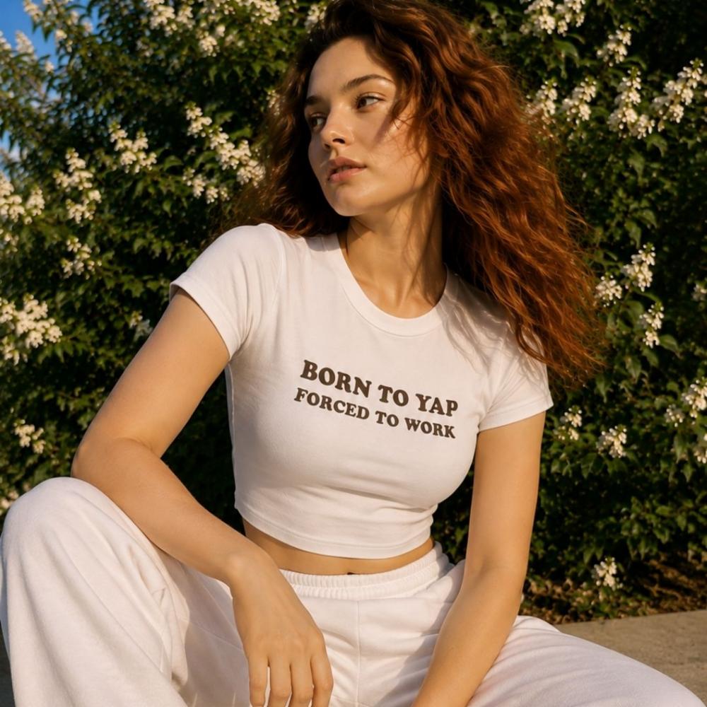White Cotton Lycra Graphic Print Crop Baby Tee for Women