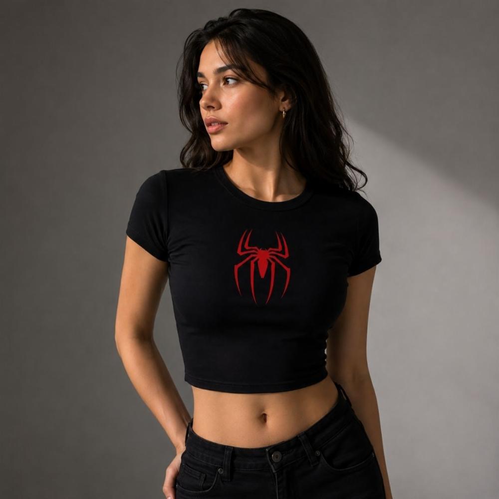 Black Cotton Crop Top with White Spider Print for Women