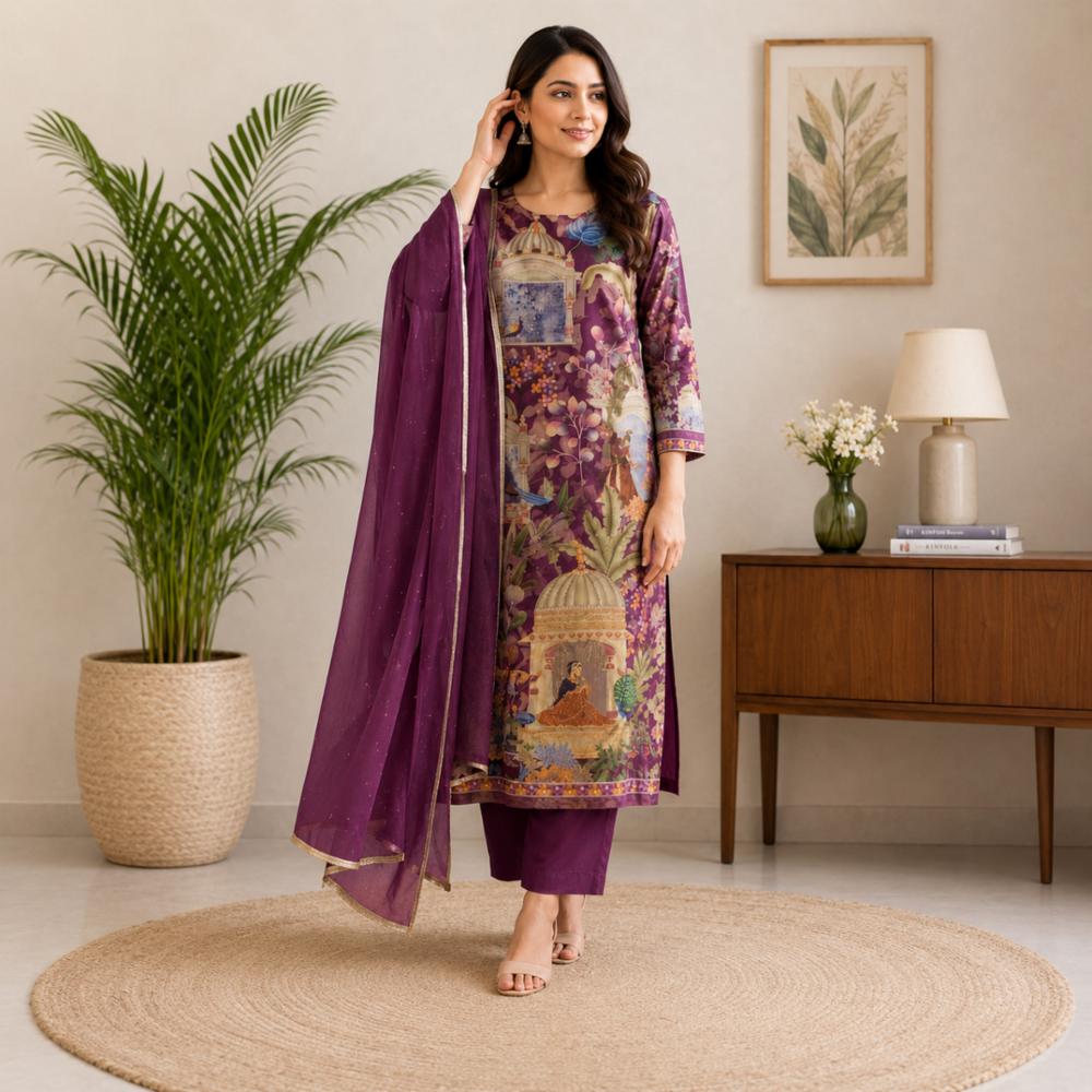 Unstitched Organza Silk Suit with Rajarani Print & Sequence Work