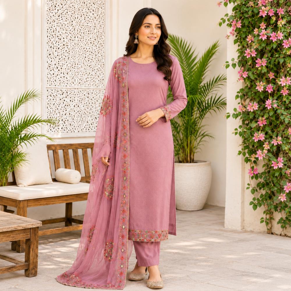 Lakozi Cotton Mirror Work Unstitched Suit with Net Dupatta