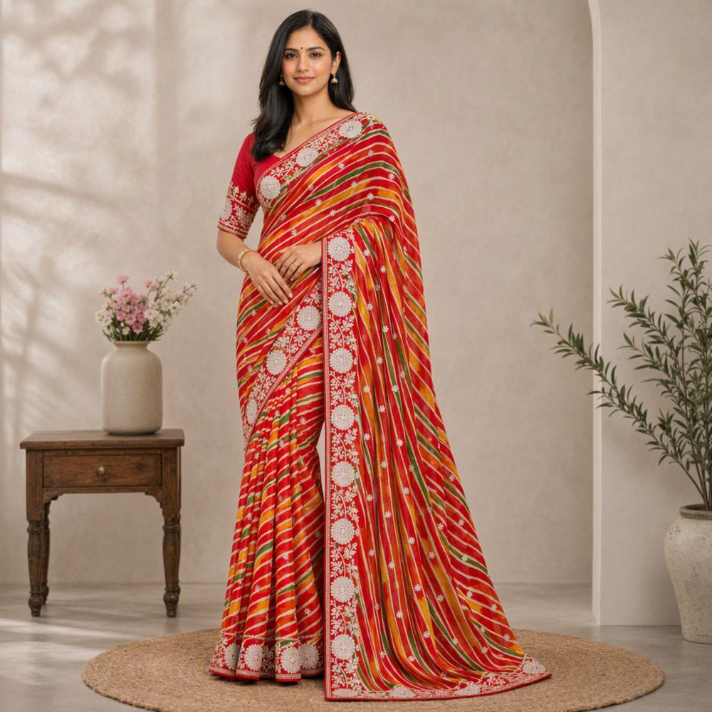 Soft Chiffon Multicolour Leheriya Saree