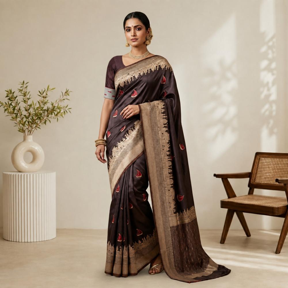 Banaras Ghat Muslin Silk Saree with Attached Blouse