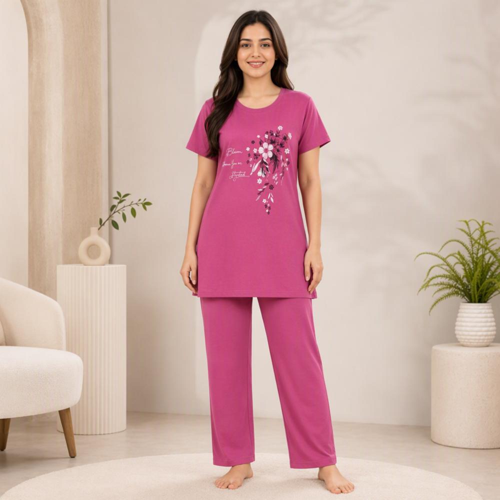 Womenâs Pure Hosiery Cotton Printed Night Suit Set
