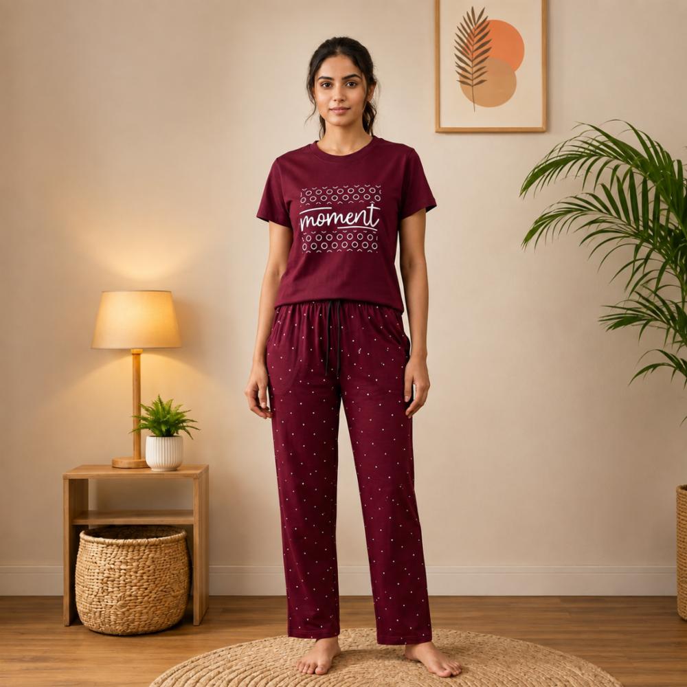 Womenâs Pure Hosiery Cotton Night Dress Set with Palazzo & Pockets