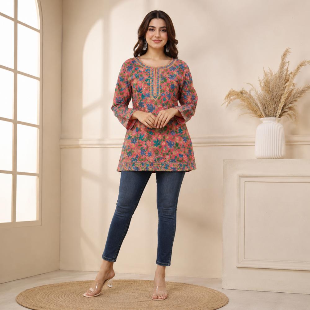 Pink Georgette Kashmiri Aari Work Short Kurti
