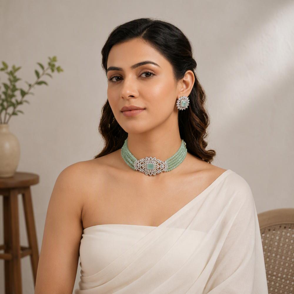 Green Beaded Kundan Choker Necklace Set with Earrings