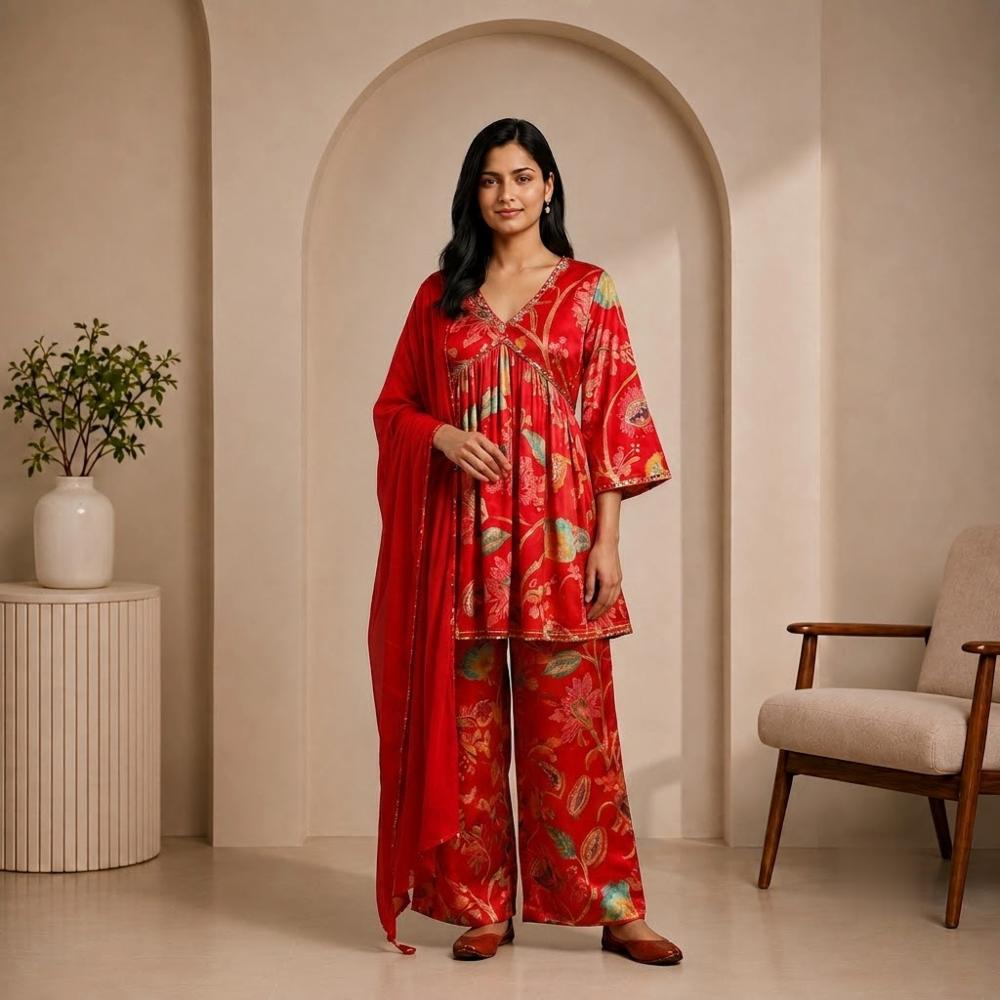 Orange Chinon Anarkali Palazzo Suit Set with Chiffon Dupatta